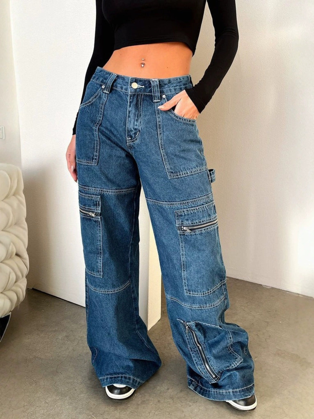 ZARA Retro High Waist Cargo Jeans Women Wide Leg Floor Length Streetwear